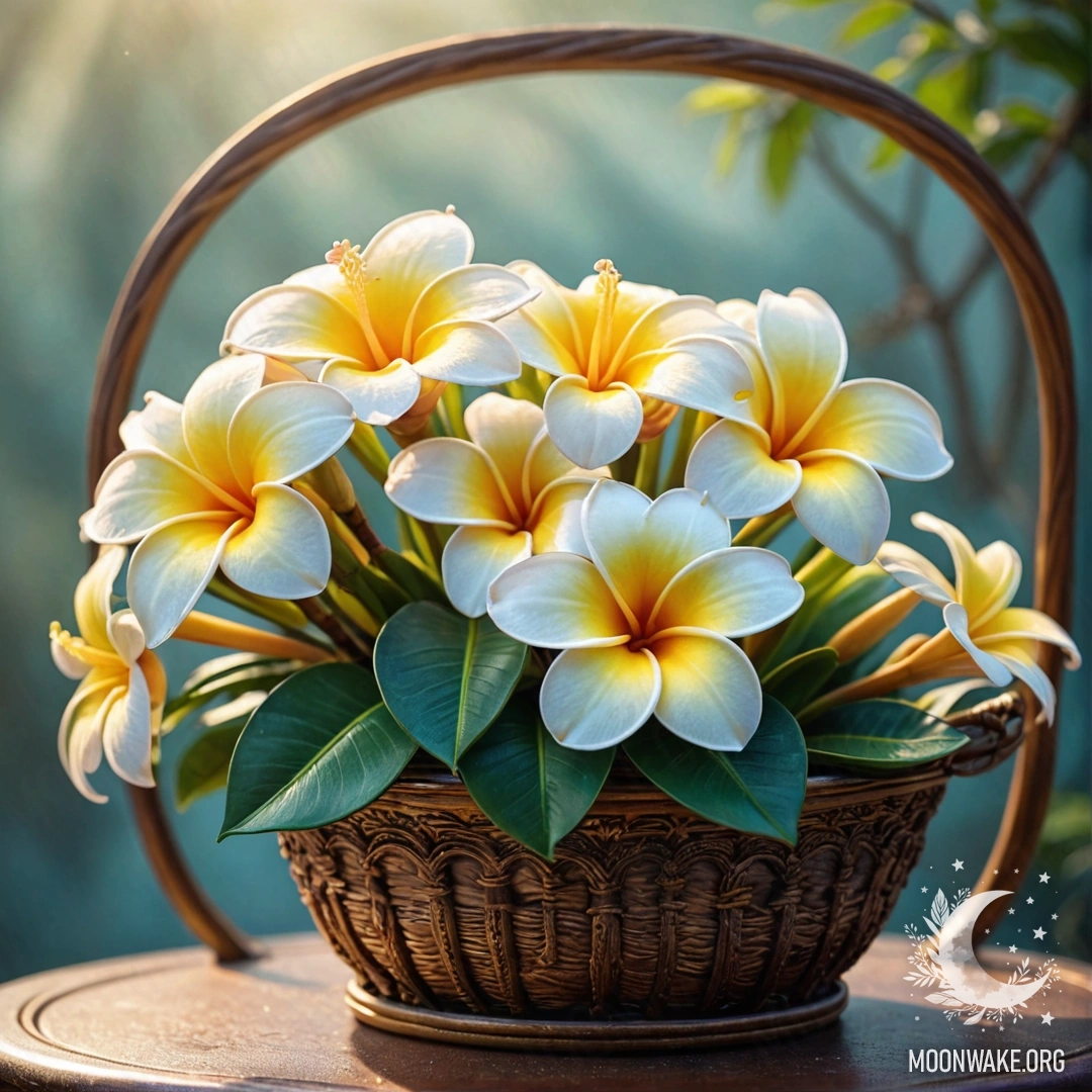 A romantic arrangement of plumeria flowers in a misty background with rays of sunlight, artistically situated in a beautiful aquamarine basket.
