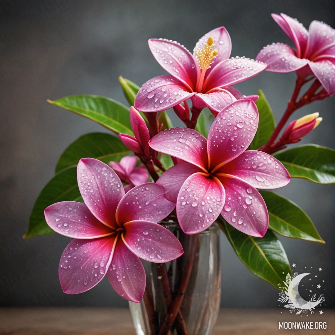 A vibrant plumeria flower with dew drops in a bright fuchsia vase.