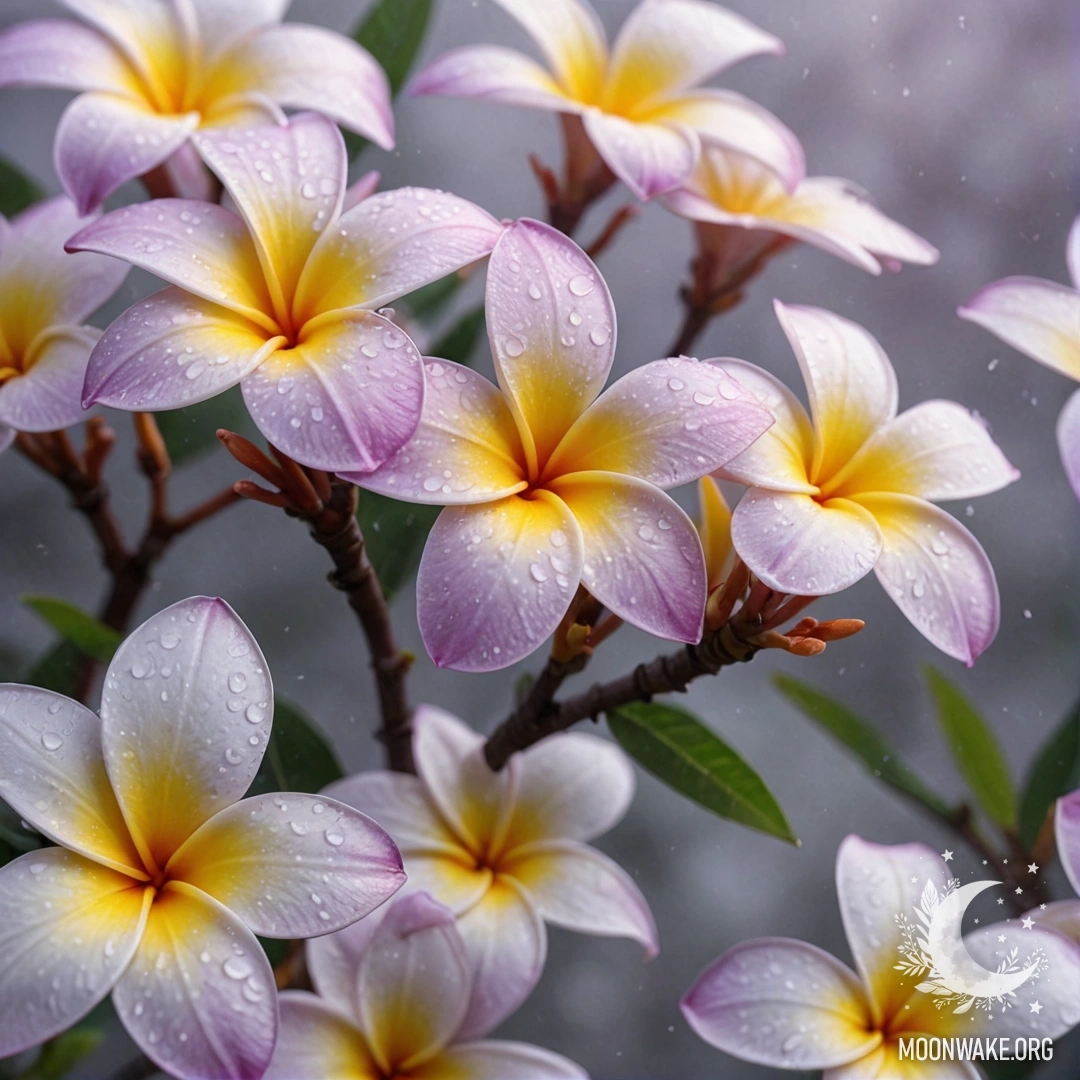 A romantic scene featuring plumeria flowers surrounded by lavender fog.