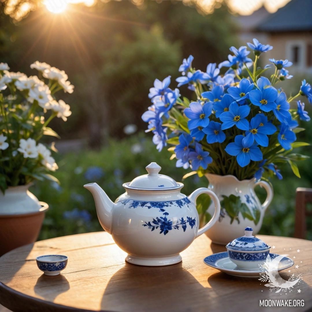 A porcelain teapot adorned with blue flowers resting on a round wooden table during sunset.