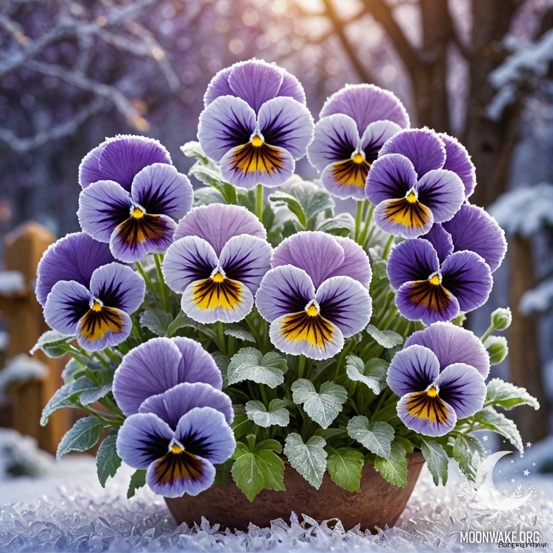 A bouquet of purple pansies covered in frost, capturing a romantic atmosphere.
