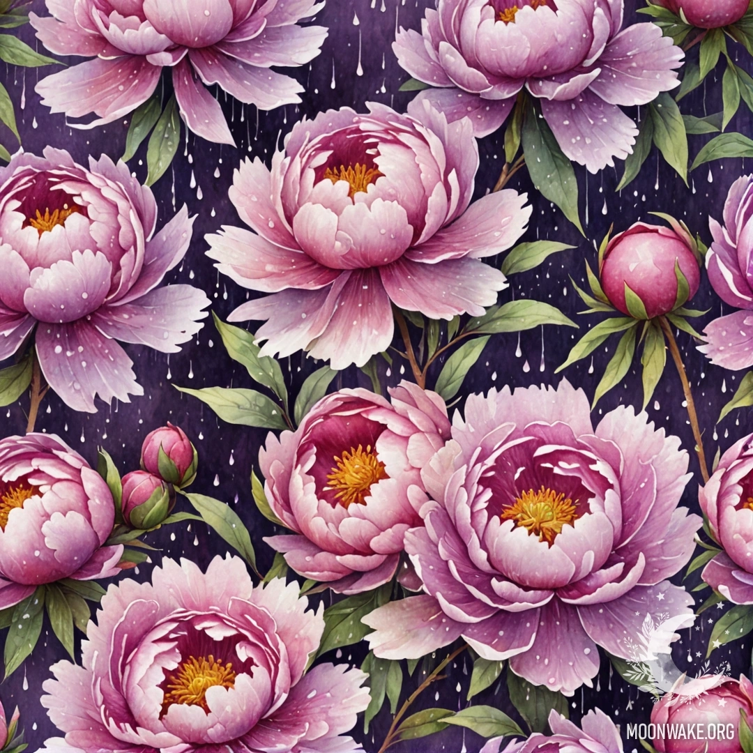 A watercolor painting of a purple peony drenched in rain.