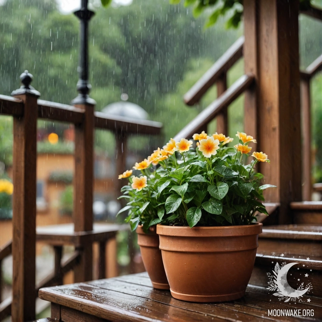 A wooden staircase adorned with flowerpots under the rain.
