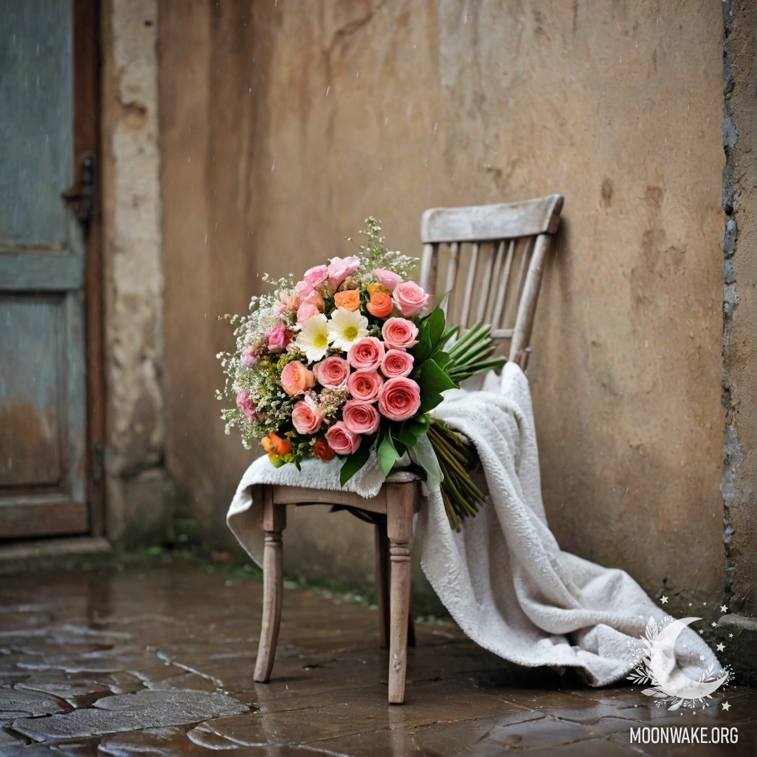 A photograph of a chair against a shabby wall, with a blanket and a bouquet of flowers resting on it, as rain falls.