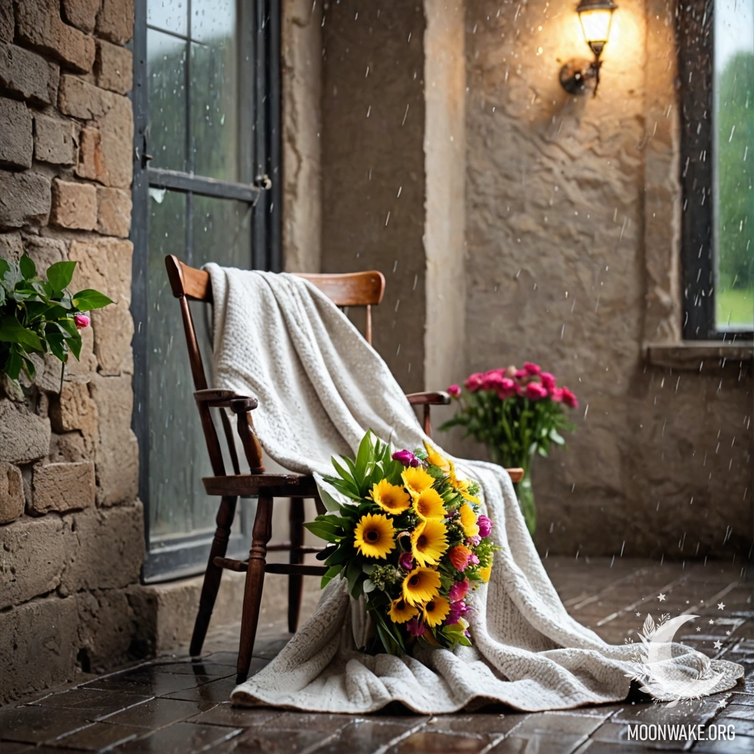 Romantic Rainy Bouquet on Vintage Chair A vintage chair draped in a blanket, with a bouquet of flowers on it, set against a shabby wall, under the rain.