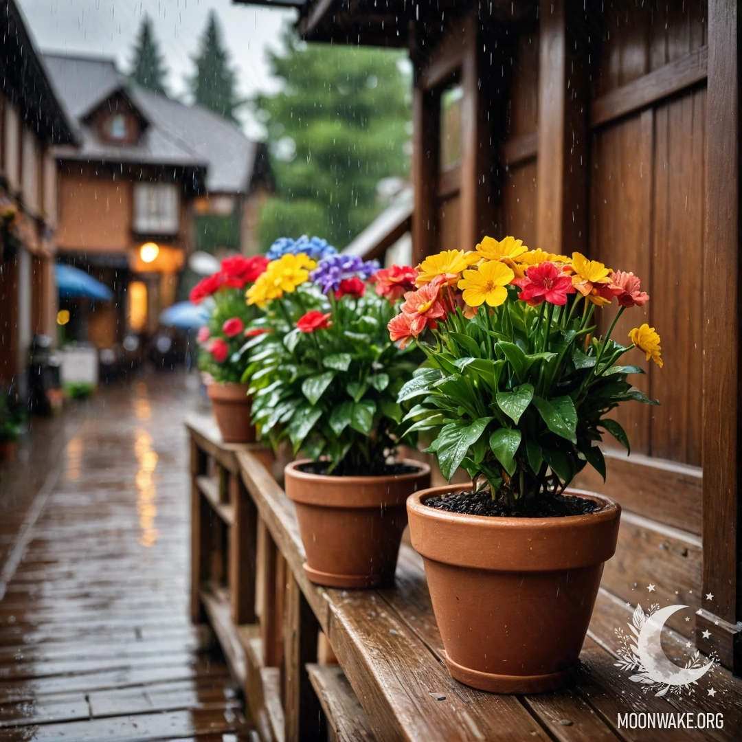 Romantic Rainy Day on a Wooden Staircase A romantic scene featuring flowerpots on a wooden staircase under the rain.
