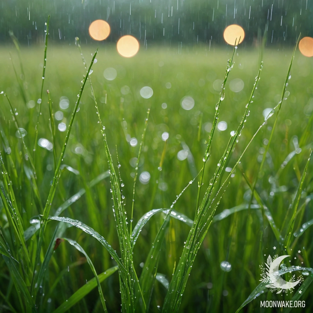 Romantic Rainy Field with Flowers A close-up view of grass and flowers in a field, illuminated by bokeh under the rain.