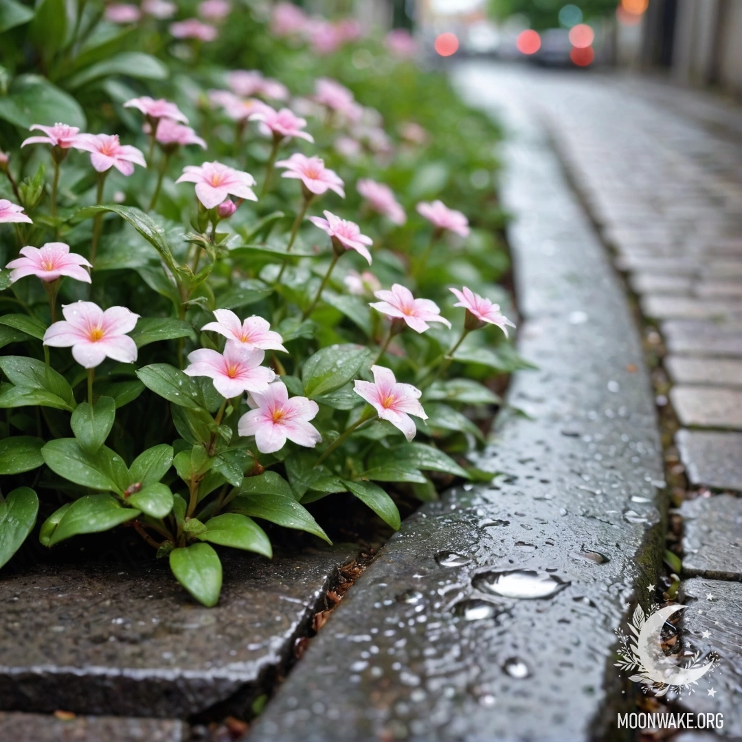 A shabby stone curb with white and pink flowers growing under the rain.