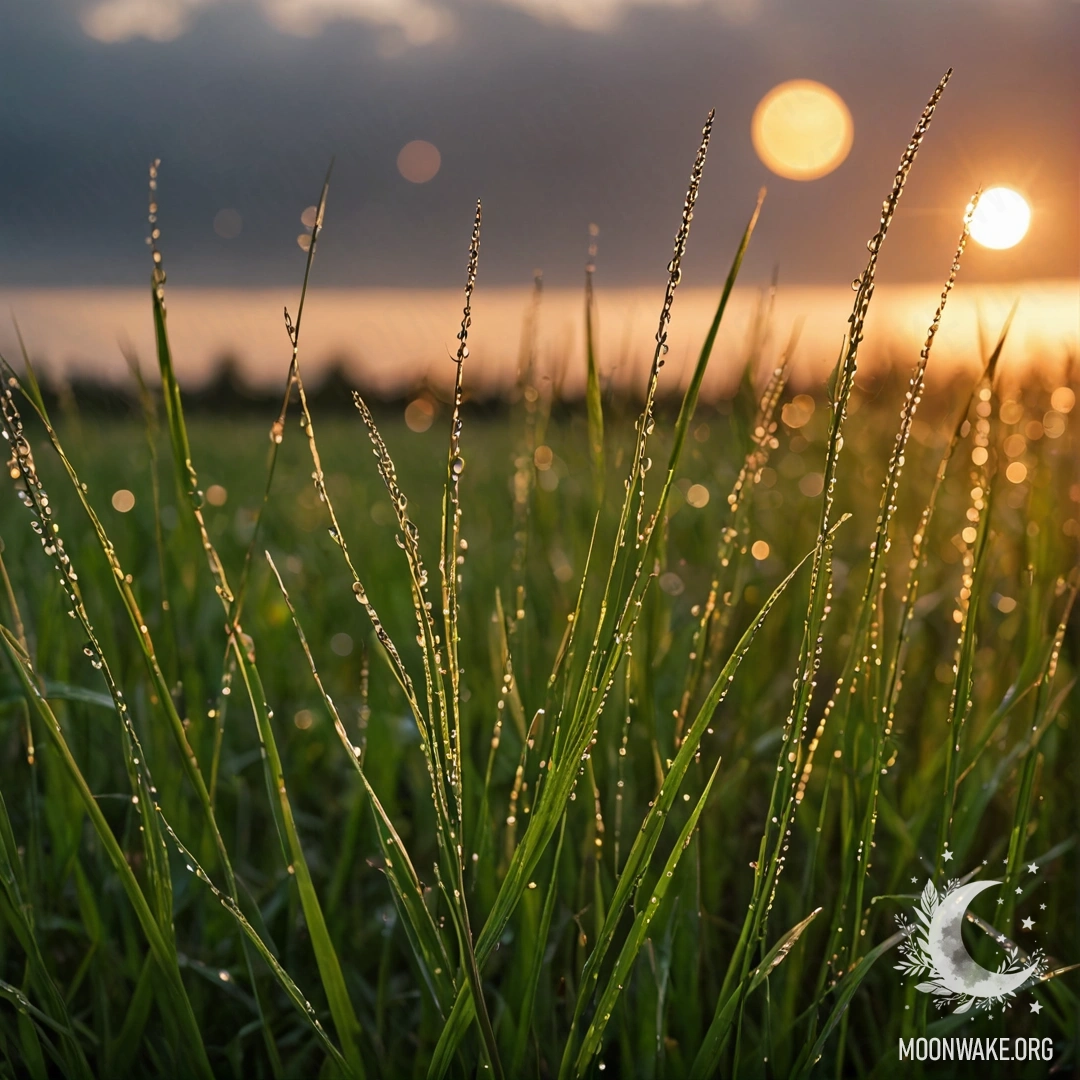 Close-up of grass in a field with a bokeh sunset and rain.