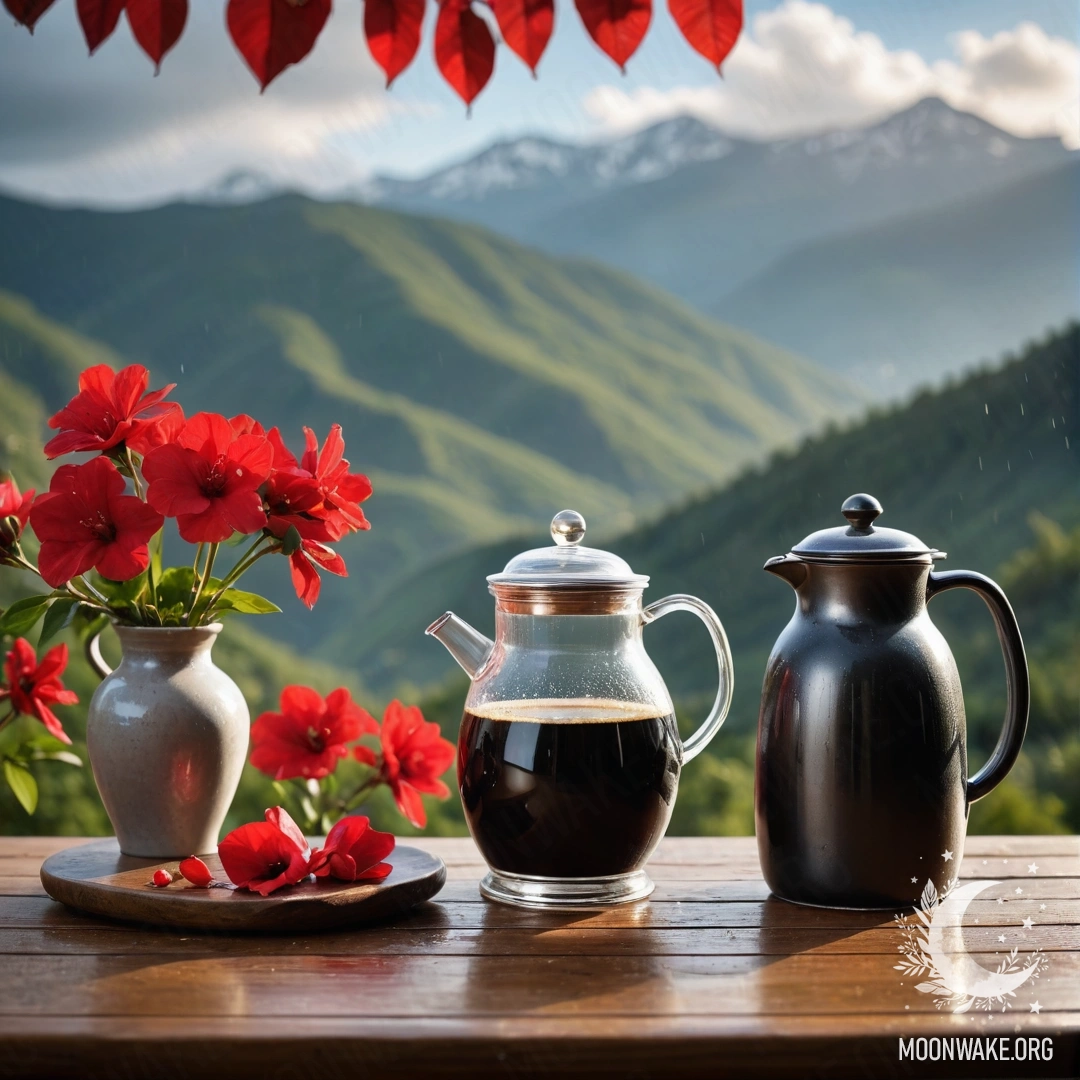 Romantic Rainy Table Setting in Nature A photorealistic scene of a wooden table with a jar of red flowers, a coffee pot, and cups, set against mountains during rain.