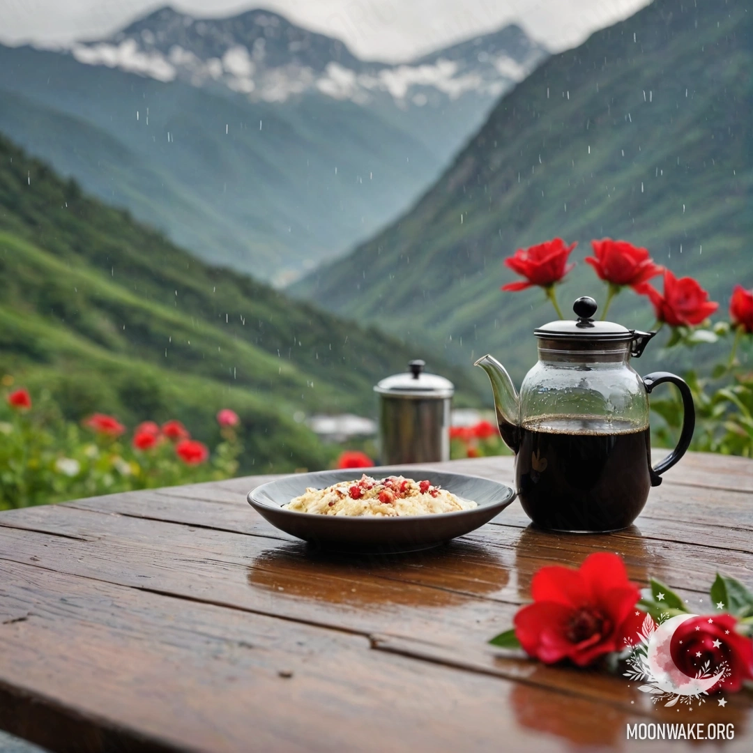 A photorealistic wooden table with red flowers, a coffee pot and cups in the rain, set against mountains.