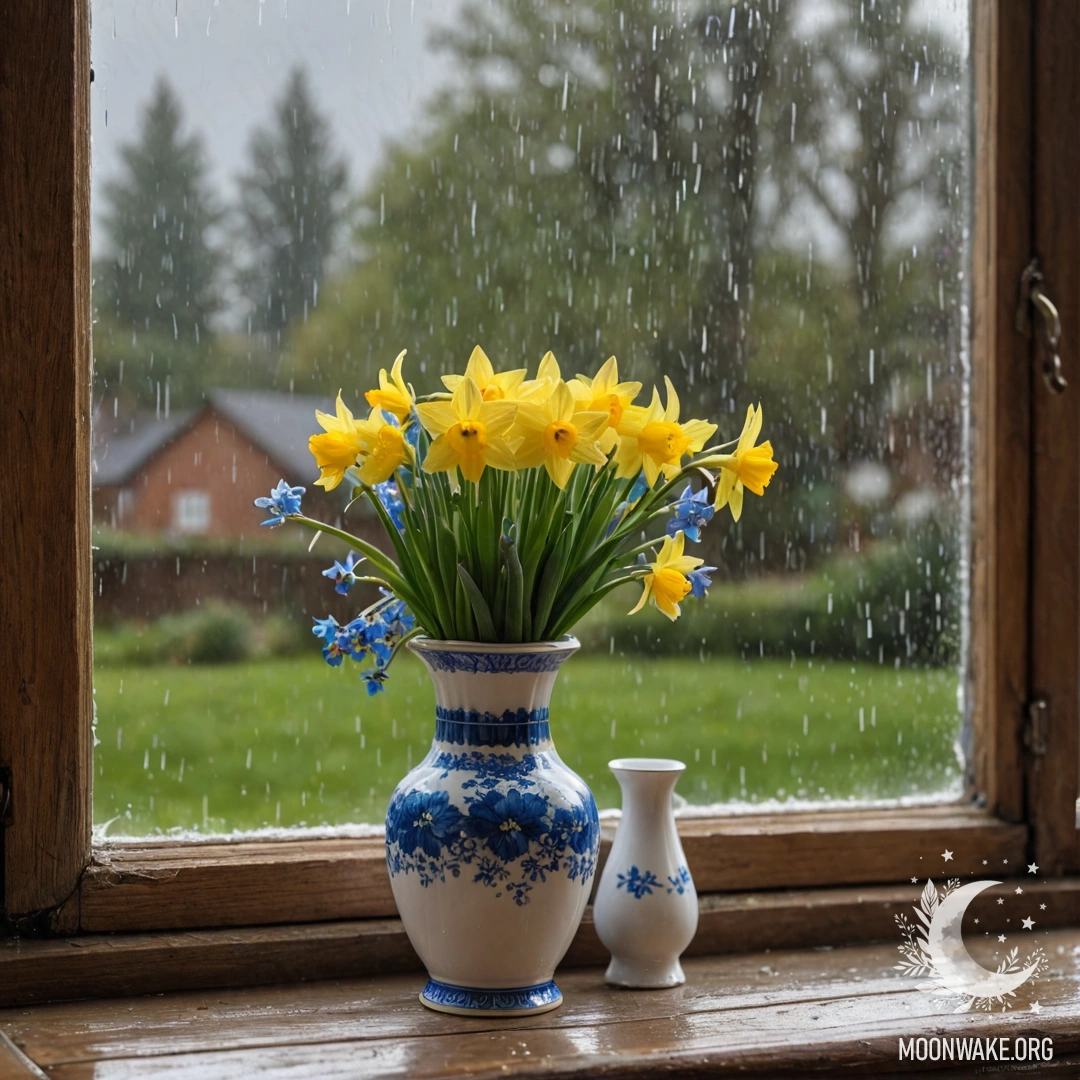 A shabby wooden window sill with a white porcelain vase holding daffodils and forget-me-nots, drizzled with rain.