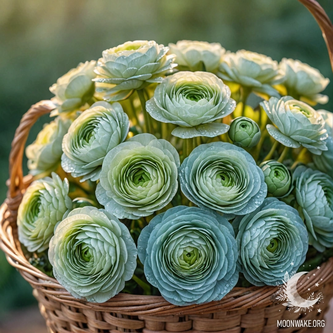 A scenic watercolor painting featuring romantic ranunculus flowers with dew drops in a greenish blue basket at sunset.