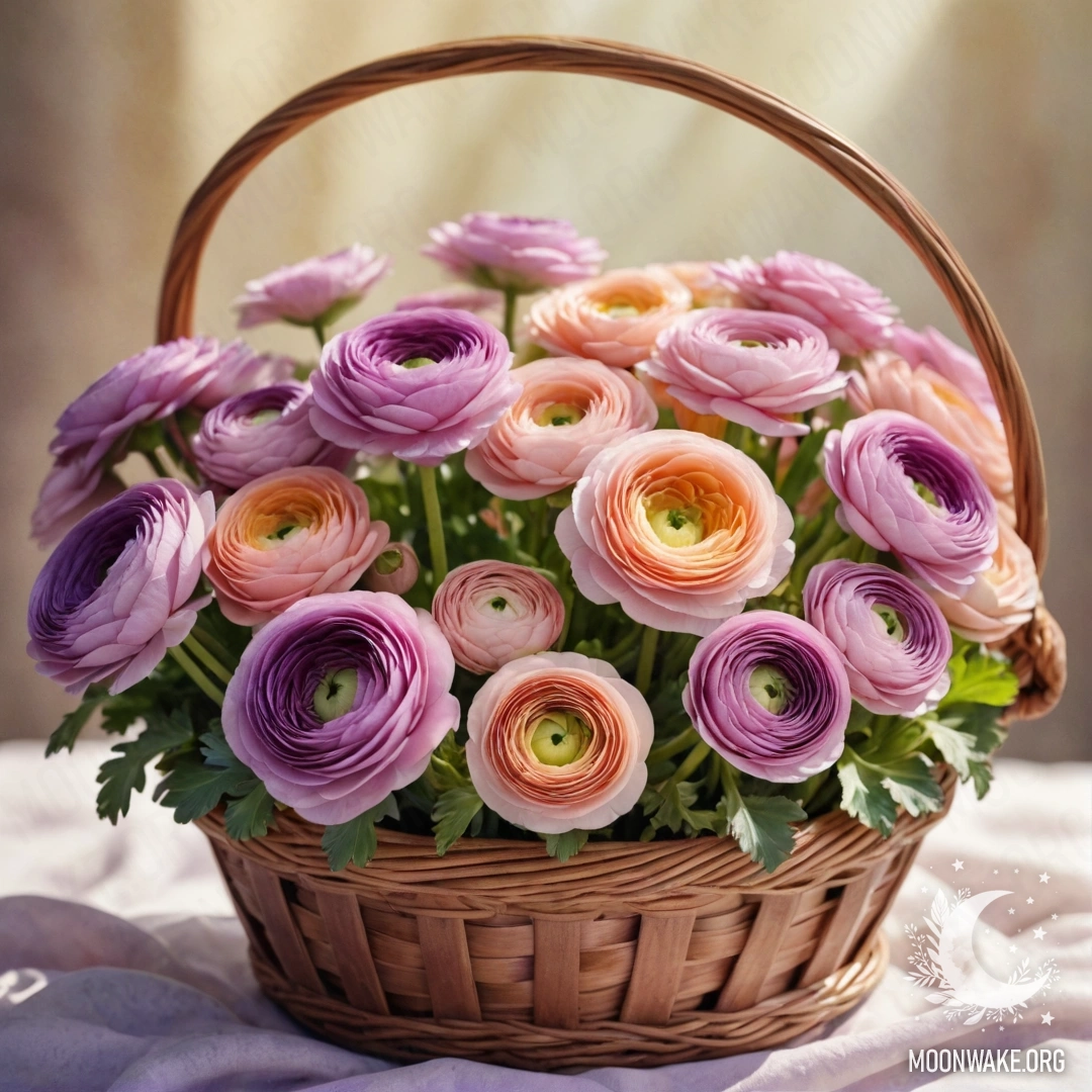 A beautiful watercolor painting of romantic ranunculus flowers in a purple basket, illuminated by sunlight.