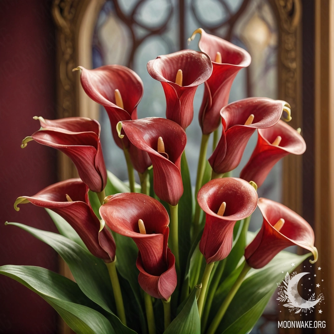 A bouquet of red calla lilies illuminated by sunny rays.