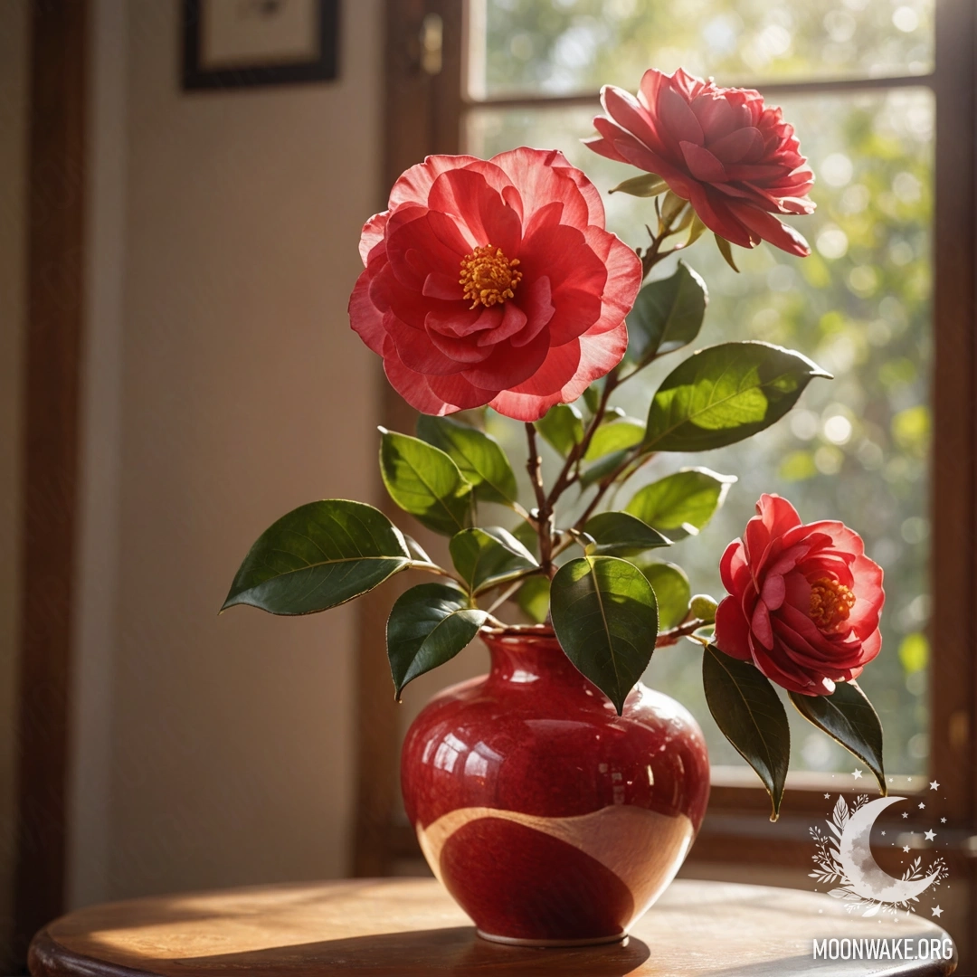 A vibrant red camellia flower in a vase, illuminated by sunlight.
