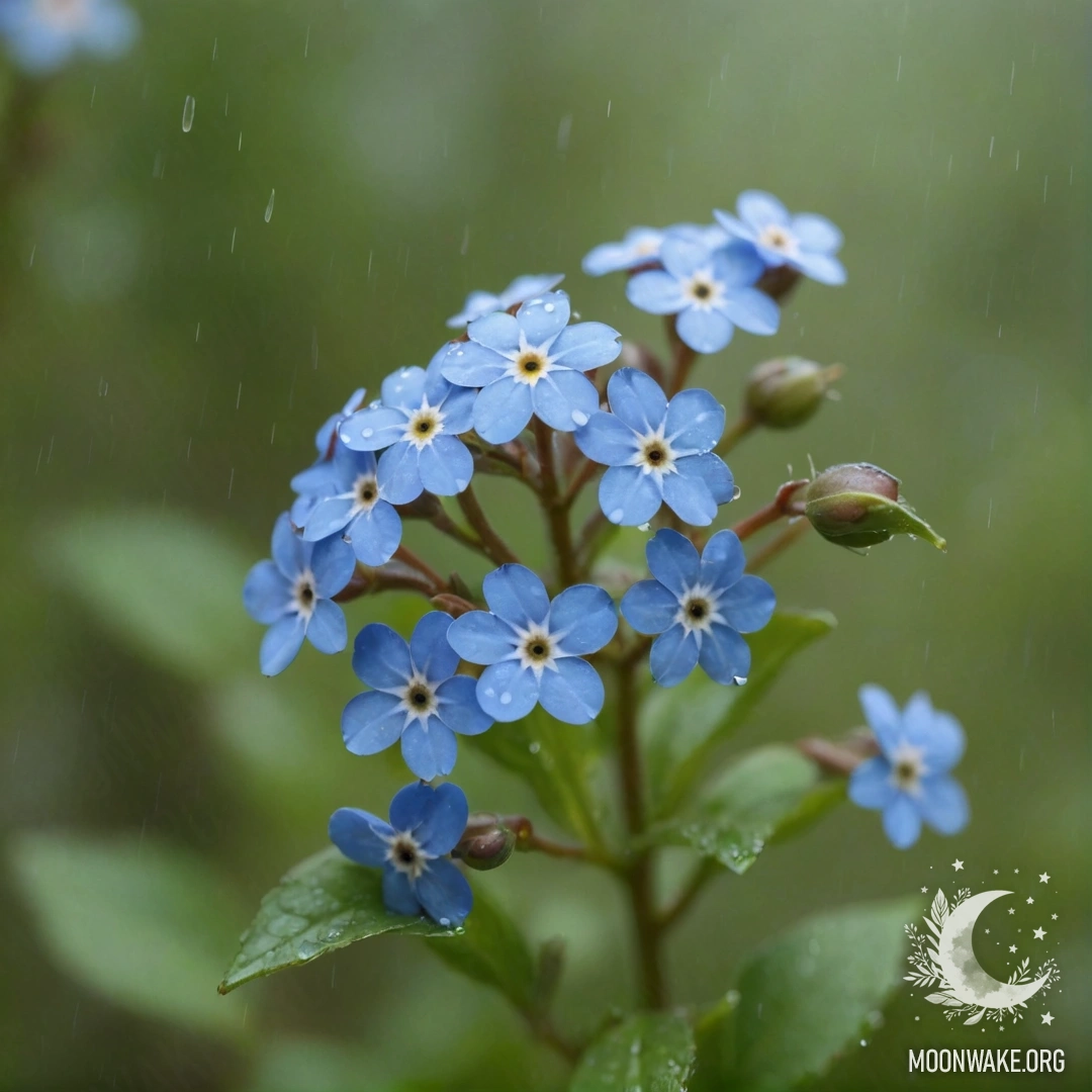 A background of vibrant red forget-me-nots shrouded in mist and rain, evoking a romantic atmosphere.