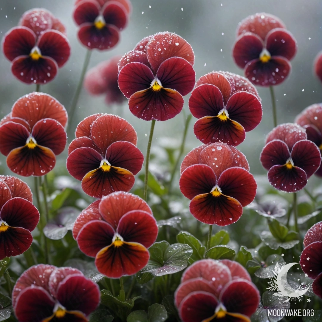 Romantic Red Pansies in the Fog A vibrant composition of red pansies surrounded by mist and sequins.