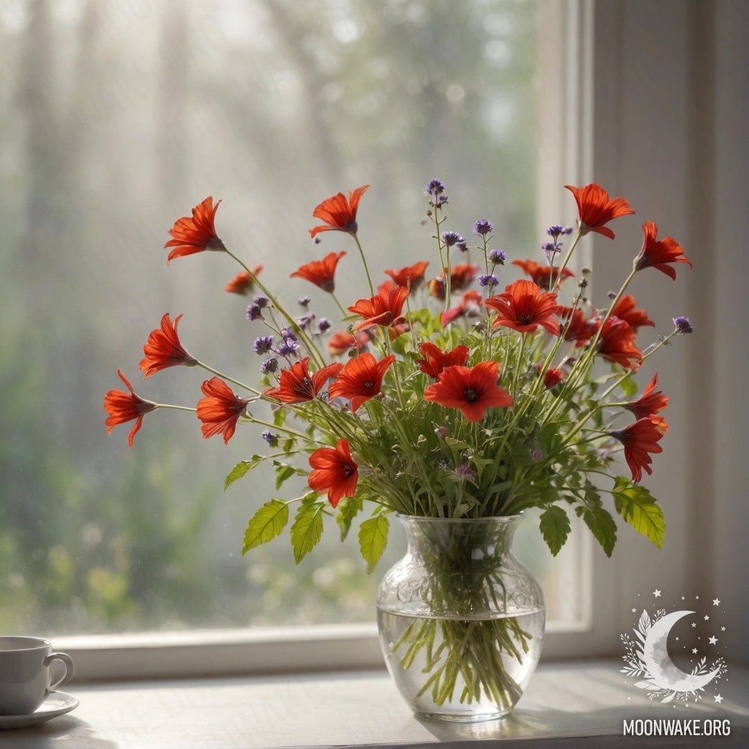 Romantic Red Wildflowers in a Vase A vase filled with romantic red wildflowers, enveloped in mist and illuminated by sunny rays.