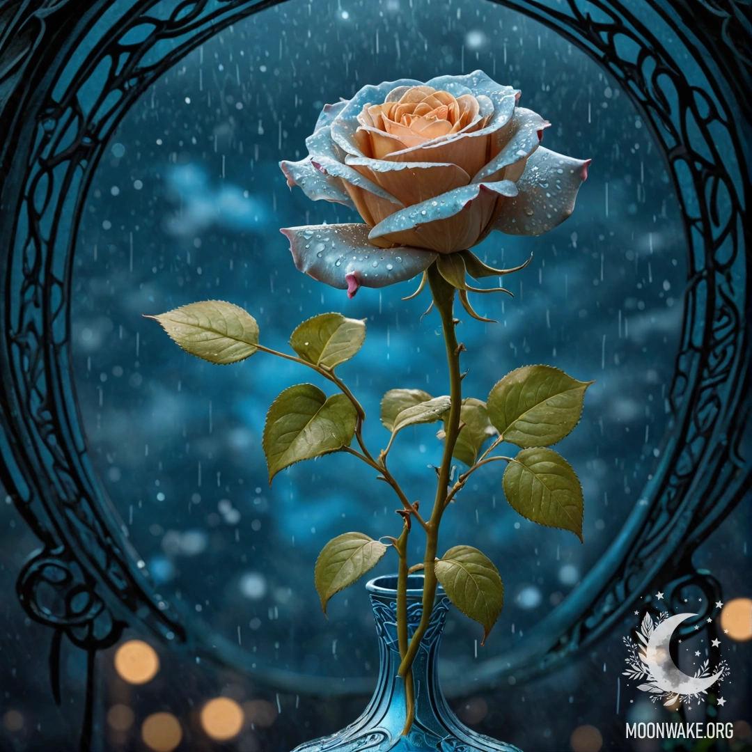 A sky blue vase holds a single rose amidst falling rain at night.