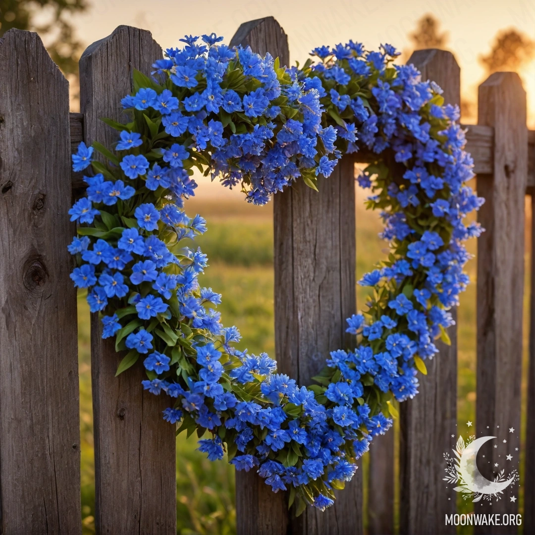 A round wooden table adorned with a porcelain teapot filled with blue flowers against a sunset backdrop.