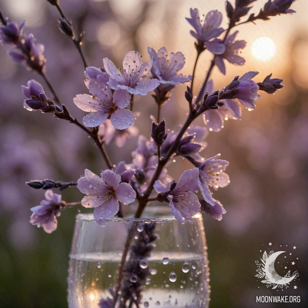A delicate vase of lavender color holding romantic sakura flowers with dew drops at sunset.