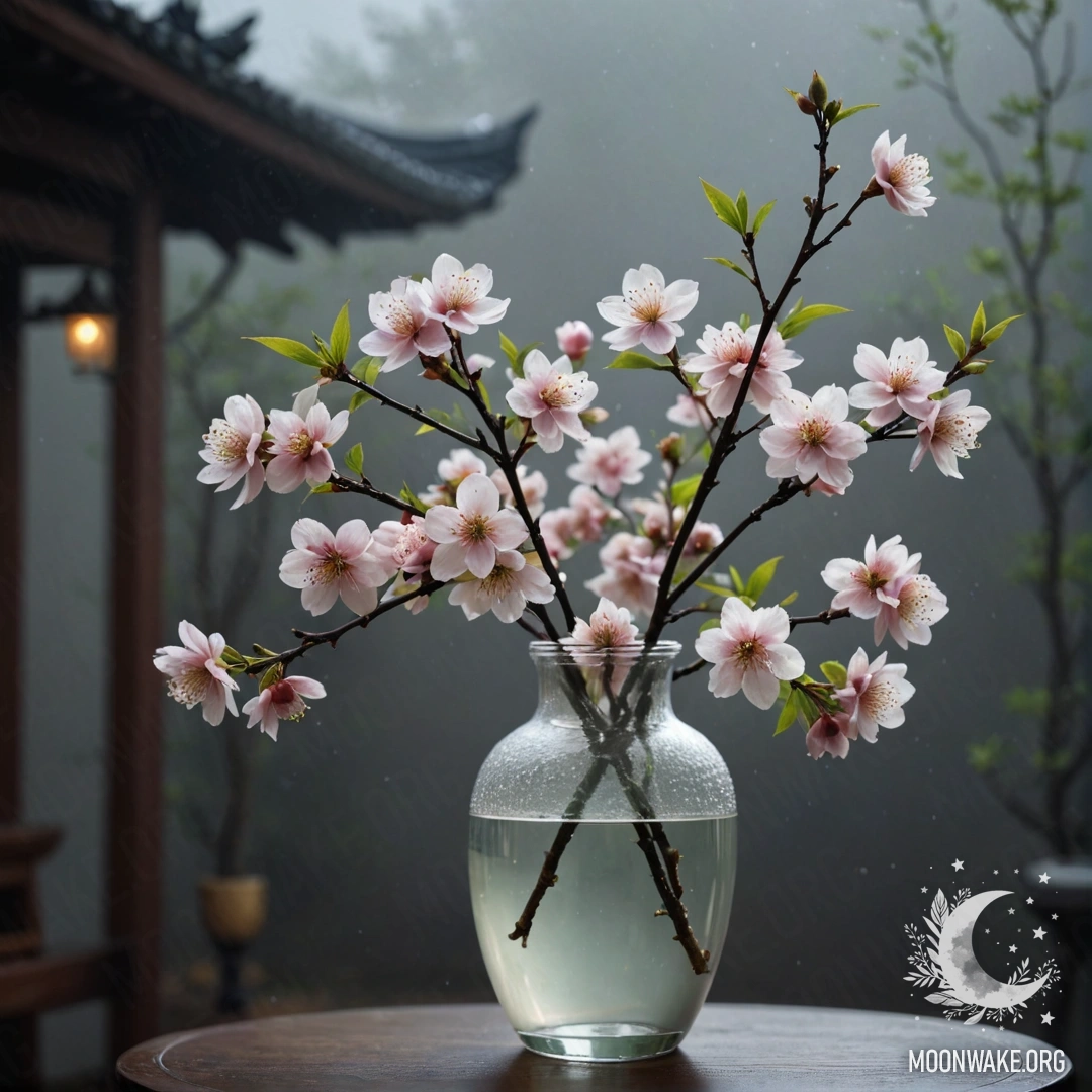 A soft depiction of sakura blossoms in a lime-colored vase surrounded by fog at night.
