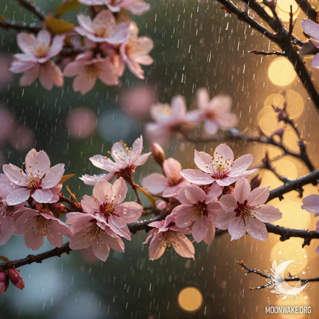 A beautiful scene of sakura trees with pink blossoms under rain during sunset, highlighted by golden patterns.