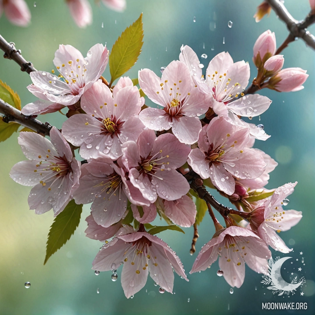 A bouquet of sakura blossoms adorned with dew drops, bathed in sunny rays.