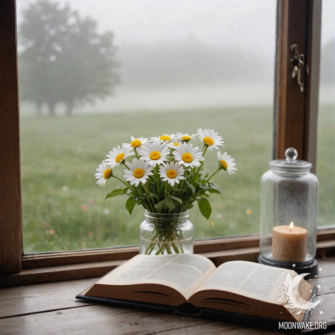 A chair against a shabby wall, with a blanket and a bouquet of flowers resting on it, all under a soft rain.