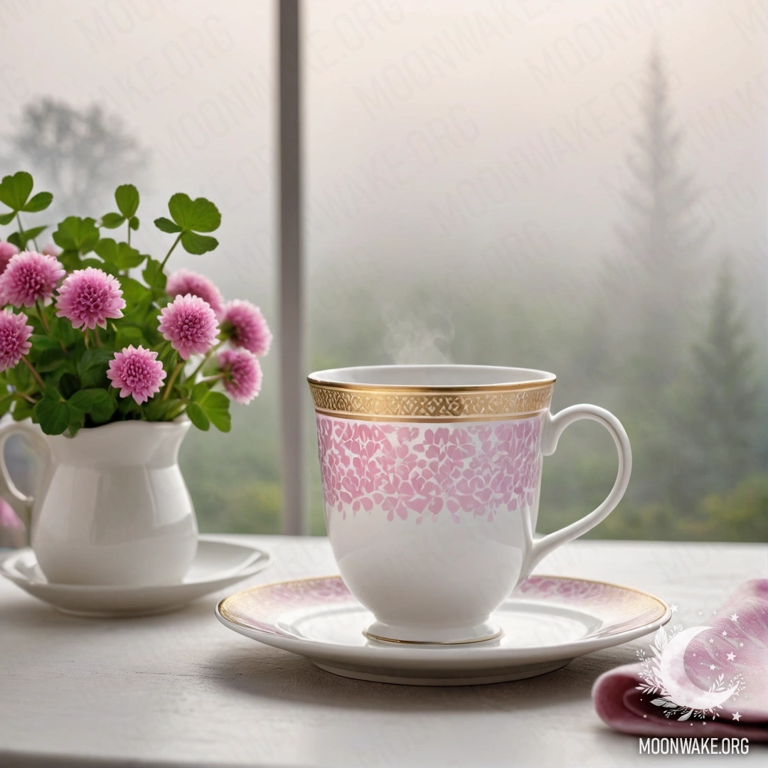 Romantic Setting with Clover and Porcelain Cups A romantic arrangement featuring white porcelain cups with pink patterns, a white vase with clover, and a round straw napkin amidst heavy fog.