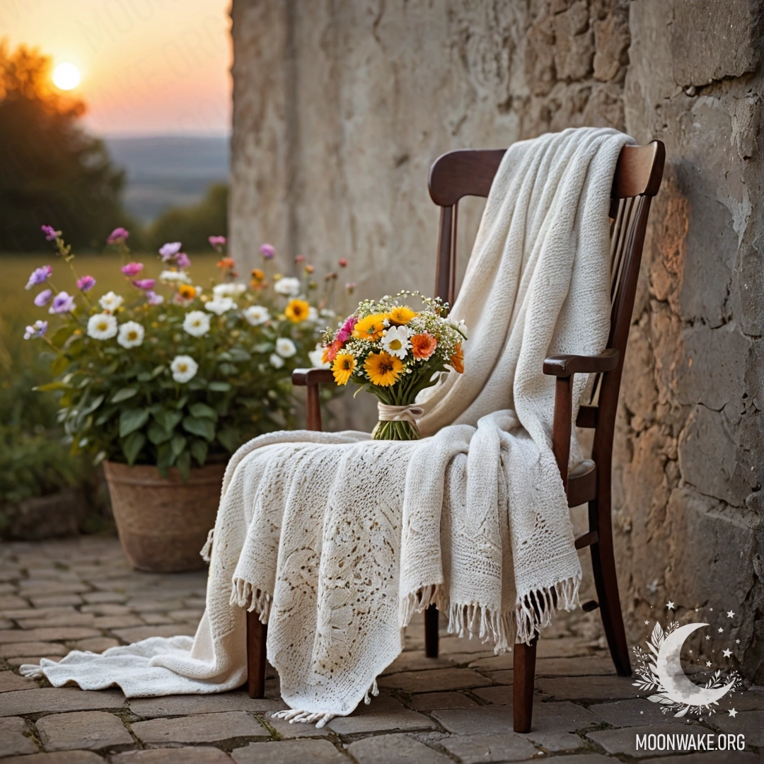 A chair with a blanket and a bouquet of flowers on it, set against a shabby wall at sunset.