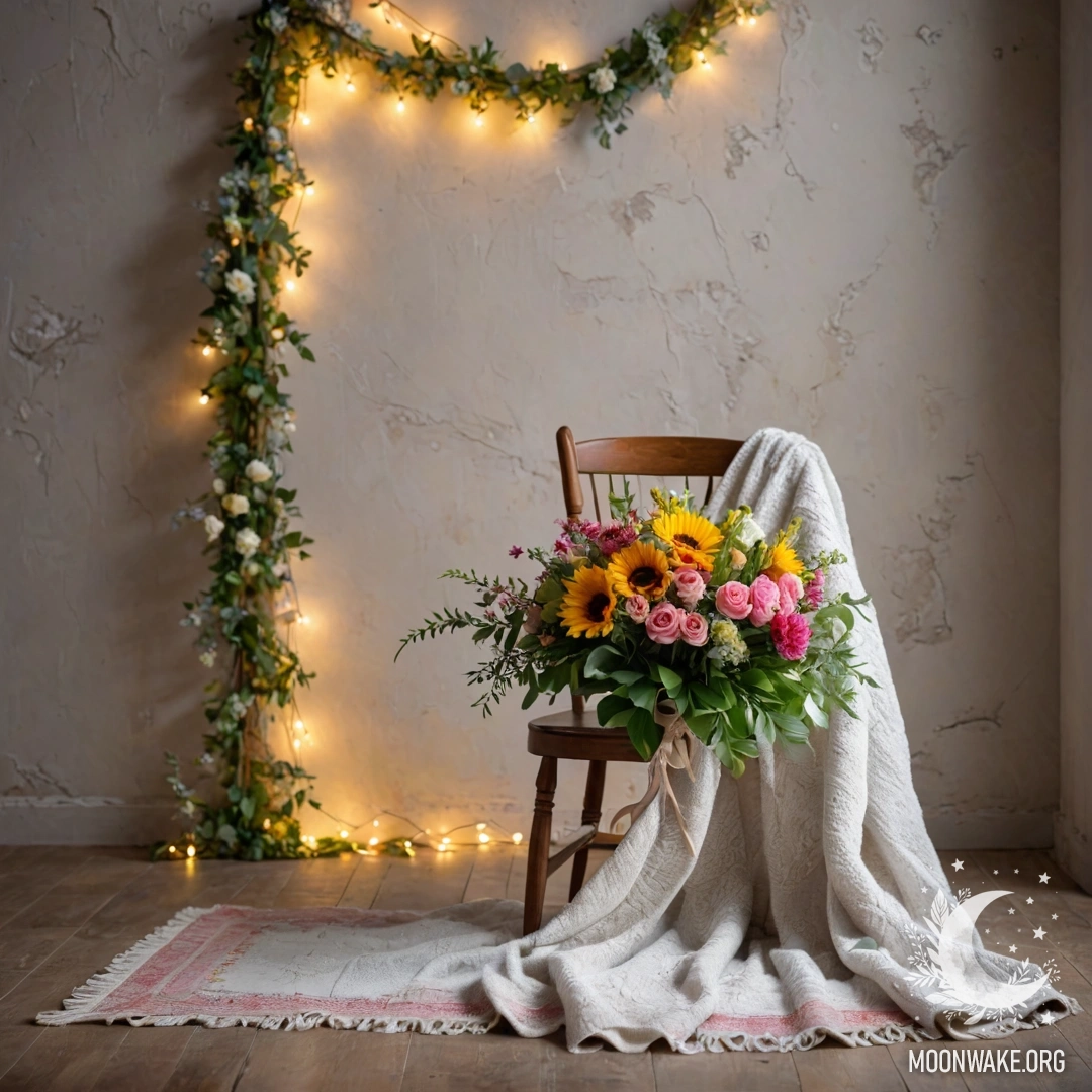 Romantic Setting with Flowers and Warm Lights A cozy chair against a shabby wall with a blanket and a bouquet of flowers adorned with garland lights.