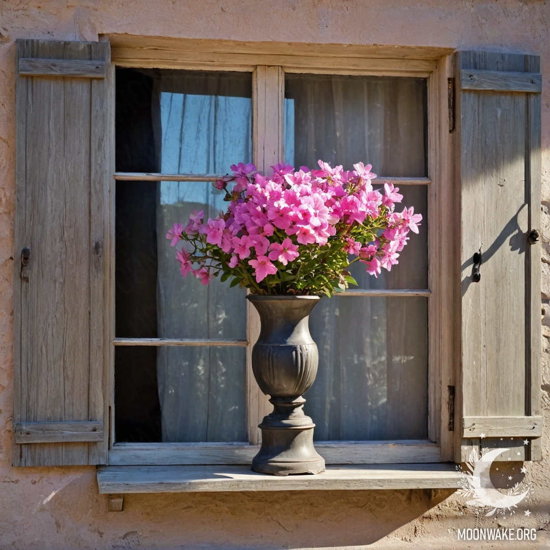 A shabby door adorned with twigs and flowers at night.