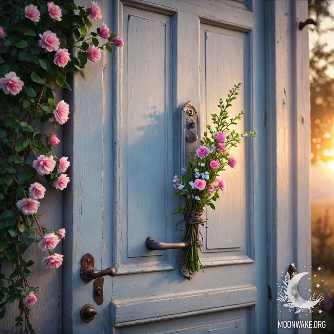 A shabby door adorned with twigs and flowers, glowing in the sunset light.