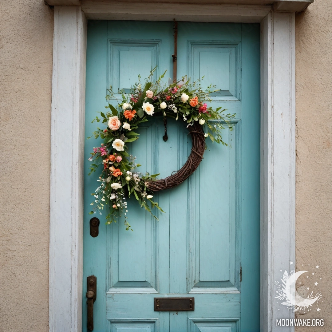 Romantic Shabby Door with Floral Accents A shabby door adorned with twigs and flowers on the handle, illuminated by garland lights.
