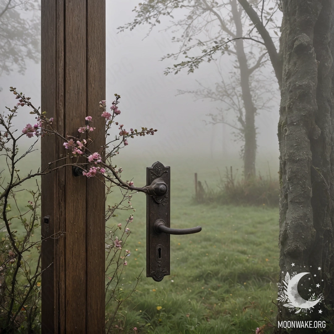 A shabby door with twigs and flowers on the handle in dense fog.