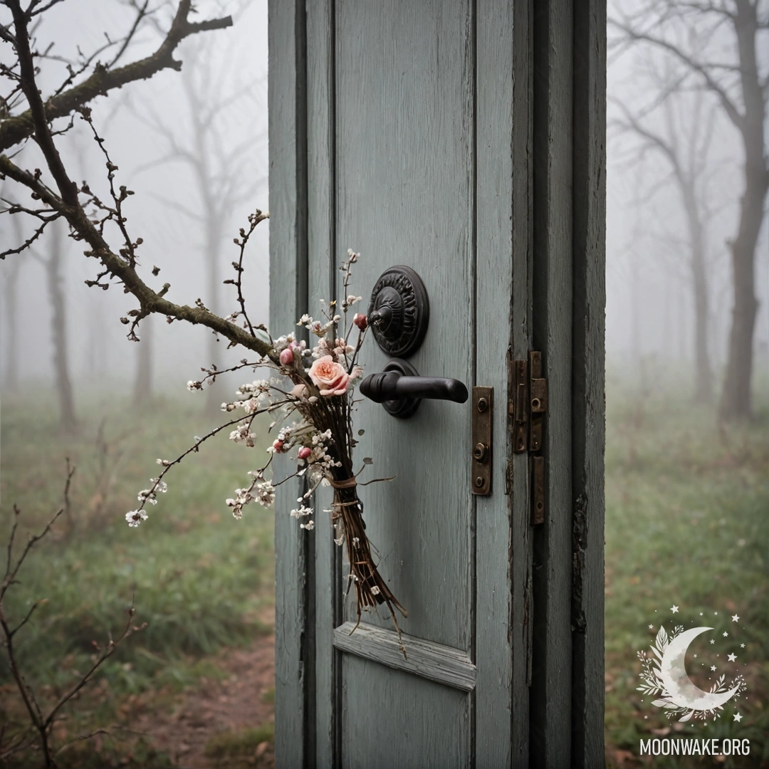 A shabby door adorned with twigs and flowers in dense fog.