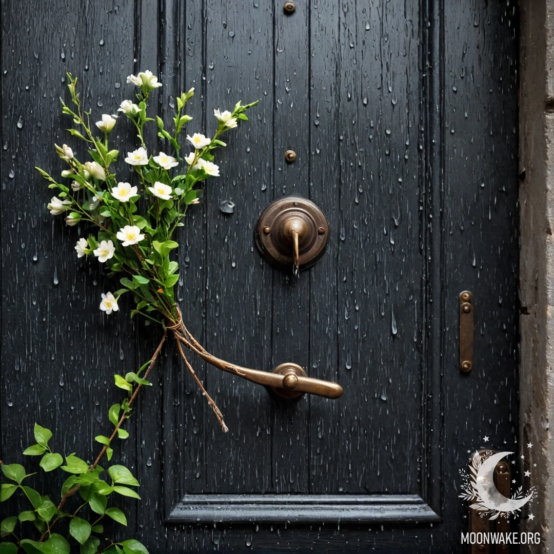 Romantic Shabby Door in the Rain A shabby door adorned with twigs and flowers on the handle, wet from the rain.
