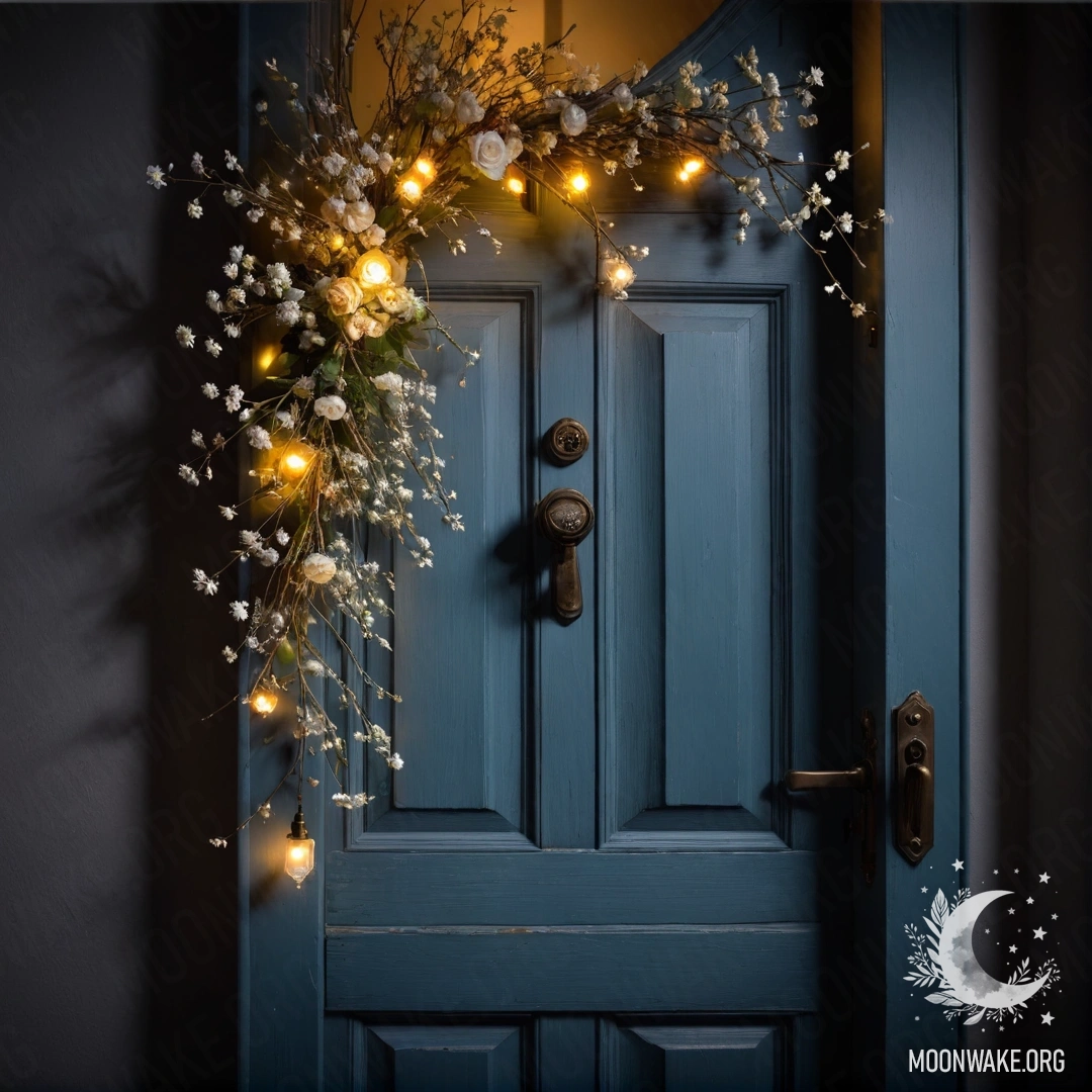 Romantic Shabby Door at Night An aged door adorned with twigs and flowers on the handle at night.