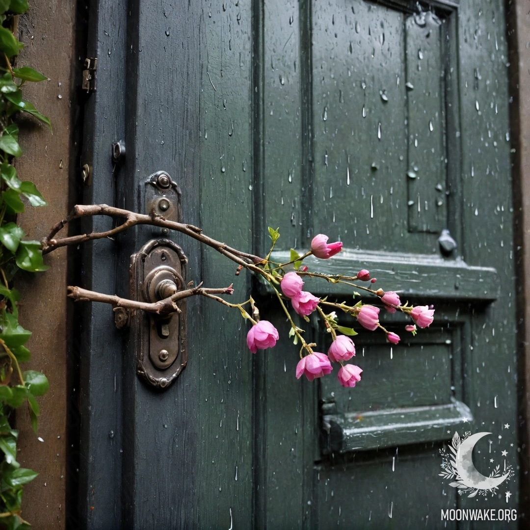 A shabby door adorned with twigs and flowers on the handle, set against a rainy backdrop.