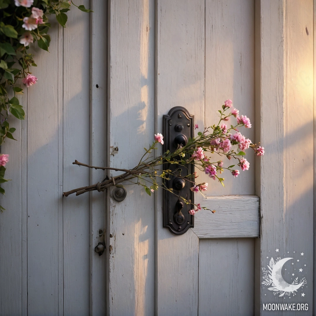A shabby door adorned with twigs and flowers on the handle, bathed in sunset light.