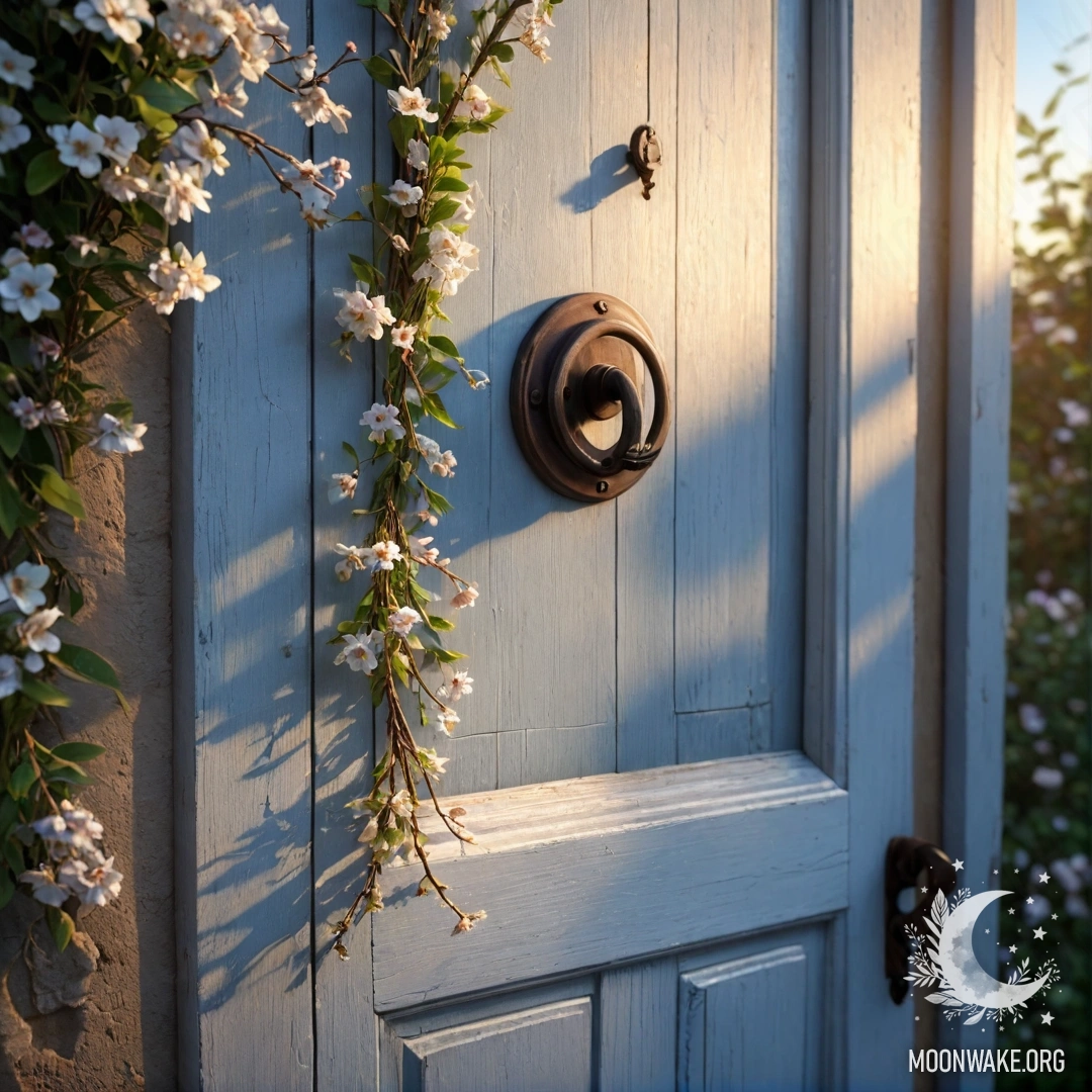 A shabby door adorned with twigs and flowers at sunset.