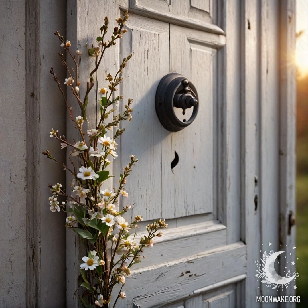A shabby door adorned with twigs and flowers, set against the backdrop of a sunset.