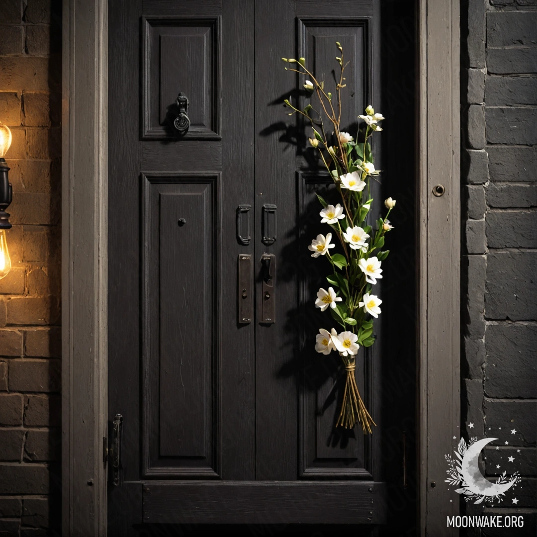 A shabby door adorned with twigs and flowers on the handle at night.