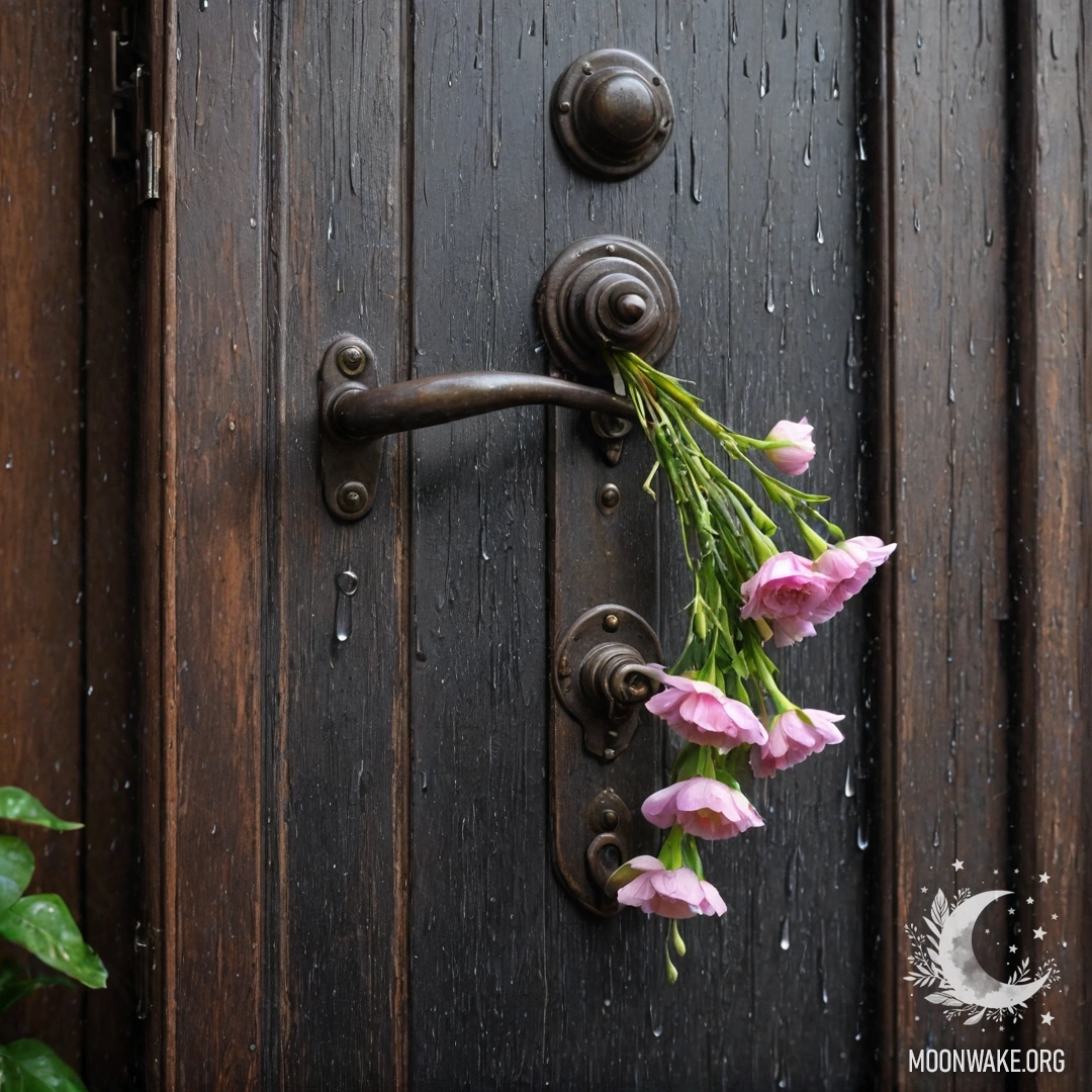 A shabby door adorned with twigs and flowers, glistening under rain.