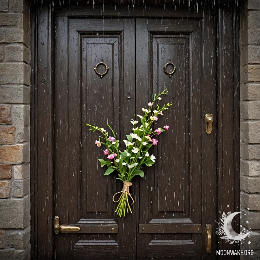 A shabby door adorned with twigs and flowers on the handle, drenched in rain.