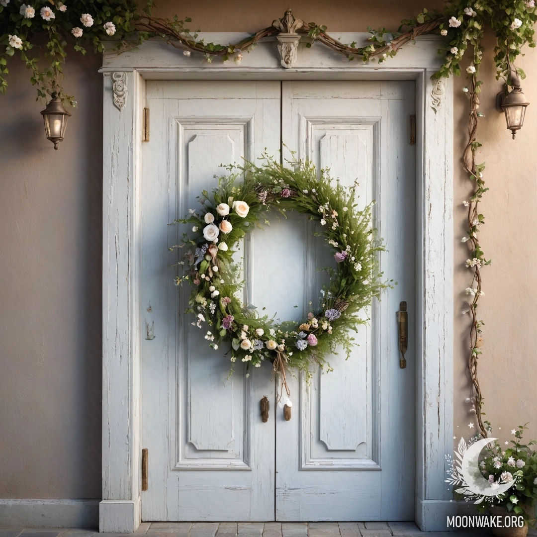 Romantic Shabby Door with Floral Twigs A shabby door adorned with twigs and flowers on the handle, illuminated by a garland of lights.