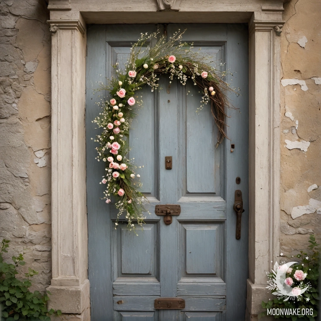 Romantic Shabby Door with Flower Twigs A shabby door adorned with twigs and flowers on the handle, illuminated by garland lights.