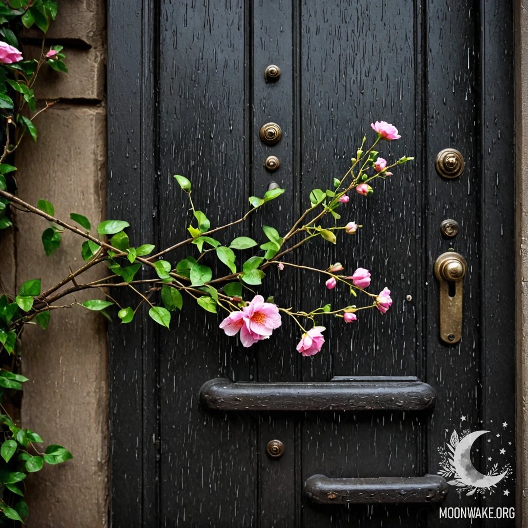 A shabby door adorned with twigs and flowers, glistening in the rain.